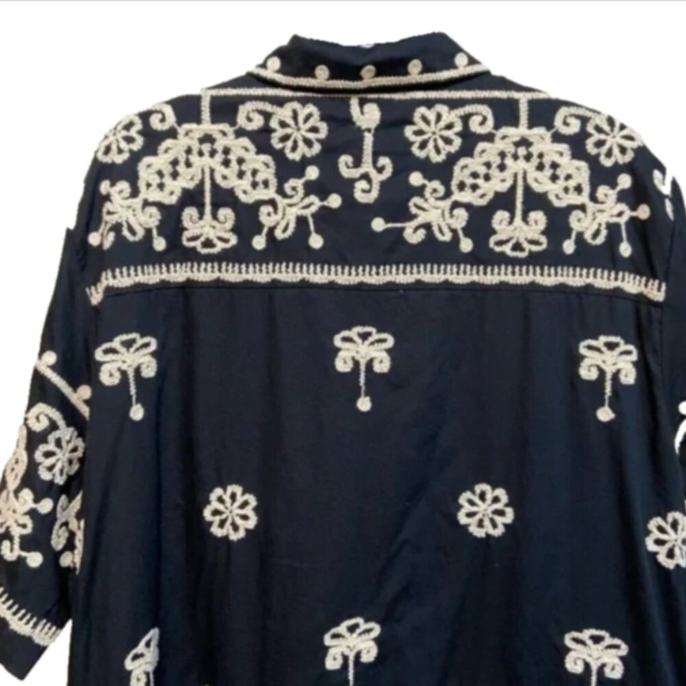 Maeve Anthropologie Black Short Sleeve Embroidered Collared Mini Shirt Dress - Picture 9 of 10